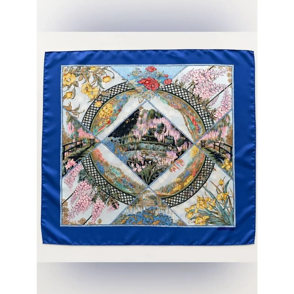 Herme's Claude Monet Giverny Garden Blue Pink Silk Scarf 35" square 1989 NIB - Picture 1 of 16